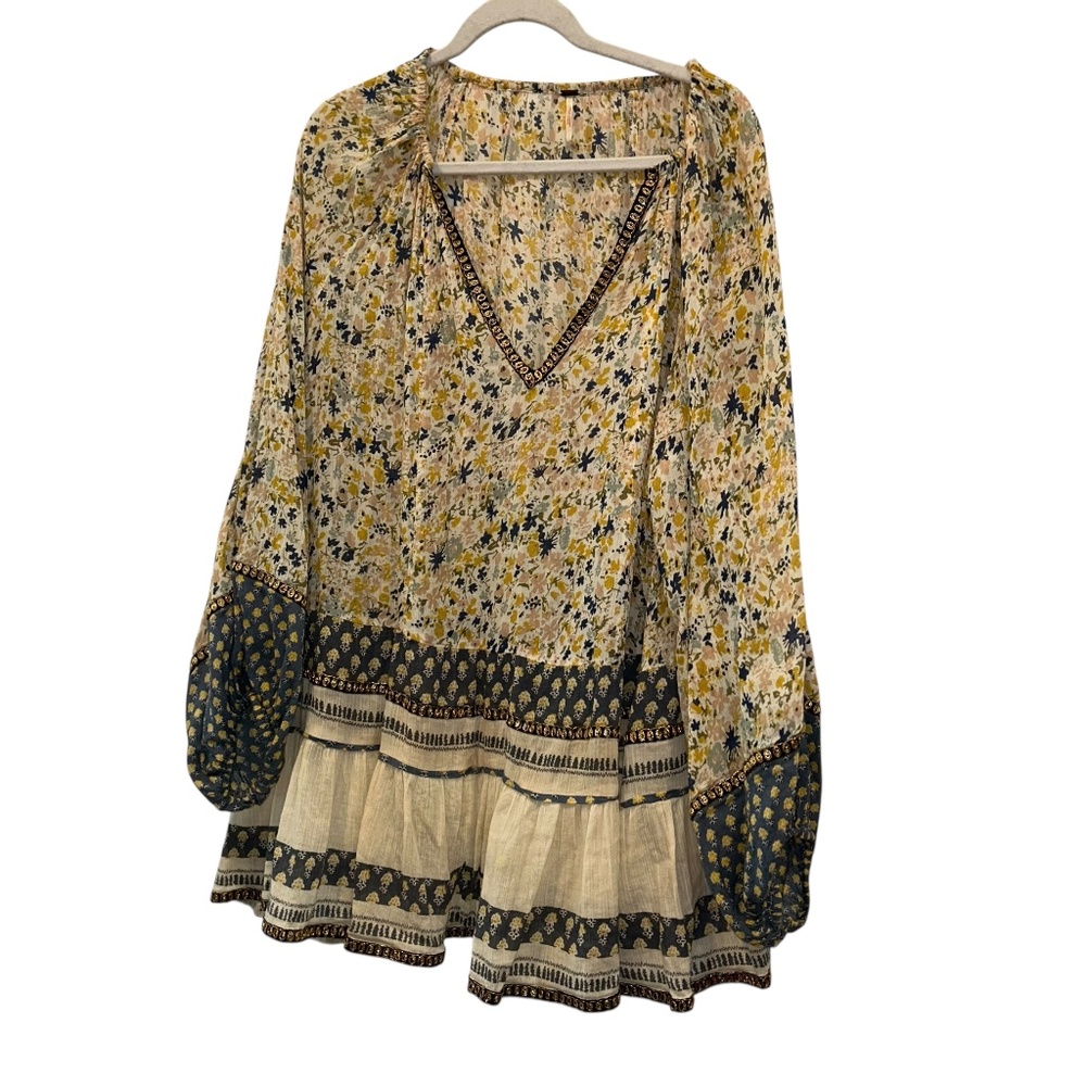 Free People FALL mustard blue floral print tunic top/dress M 56 bust 31 long